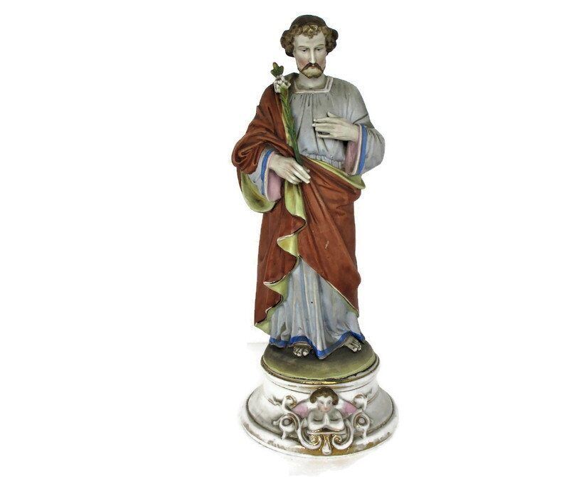 Antique Porcelain Bisque Statue Saint Joseph Angel Lilies Protector Of Homes Pol