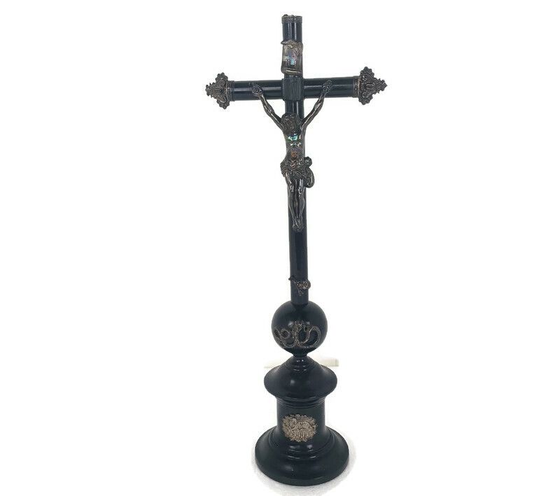 Standing Crucifix Cross Jesus Christ Lamb Of God Wood Silver Plated Antique Gorg
