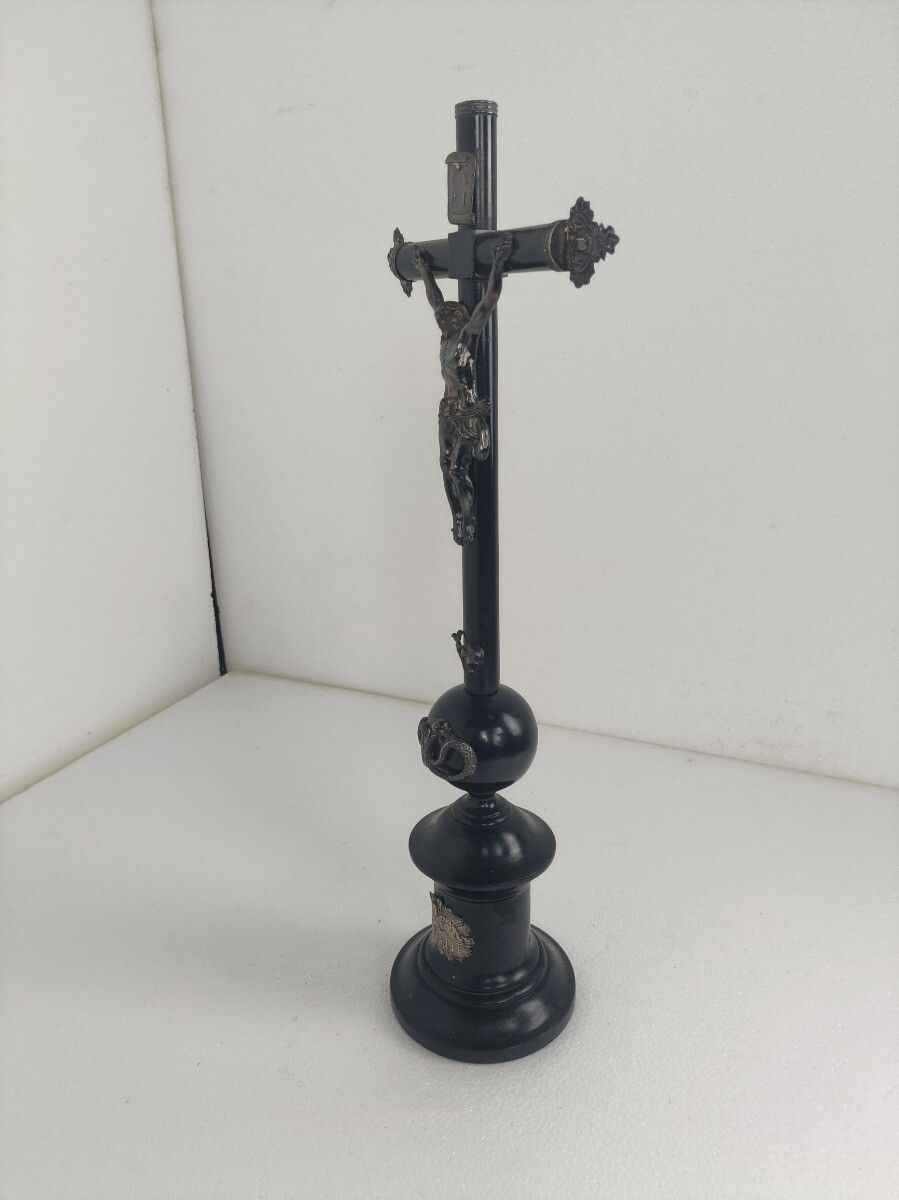 Standing Crucifix Cross Jesus Christ Lamb Of God Wood Silver Plated Antique Gorg photo buy