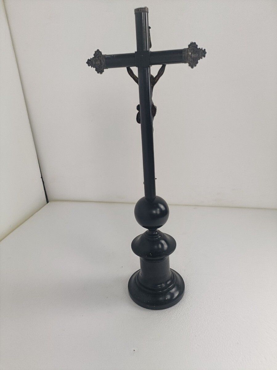 photo for sale Standing Crucifix Cross Jesus Christ Lamb Of God Wood Silver Plated Antique Gorg