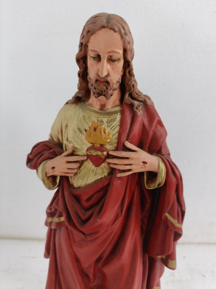 Statue Jesus Christ Savior Sacred Heart Holy Heart Plaster Antique Neo Gothic Ha photo furniture