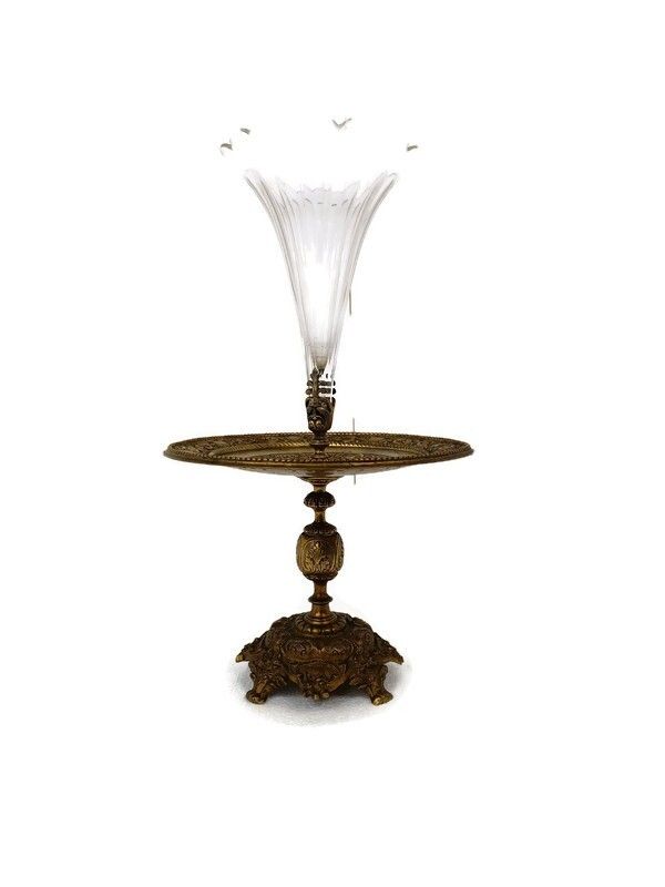 Large Epergne Trumpet Double Vase  Center Table Piece Crystal Ornat Bronze Wow