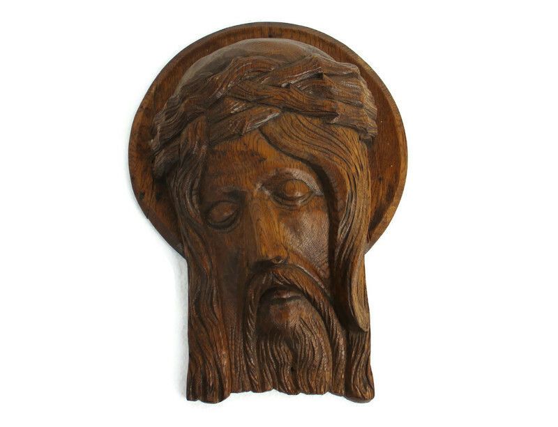 Hand Carved Wood Art Jesus Christ Head Of Thorns Sculpture Wall Hanging Gorgeous photo 204.0