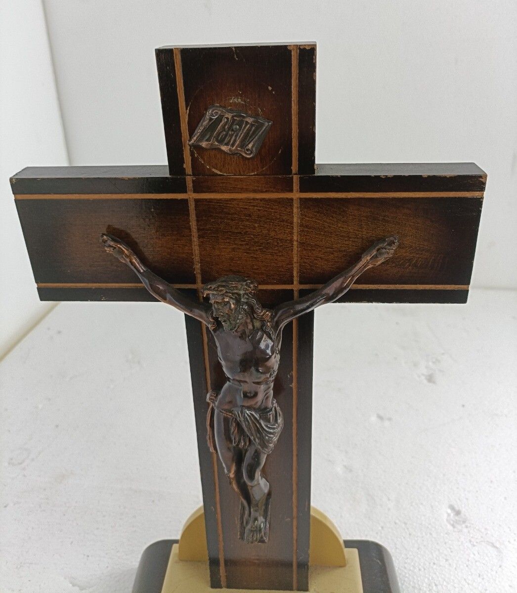 Art Deco Standing Crucifix Two Toned Wood Cross Jesus Christ Antique Beautiful photo for sale