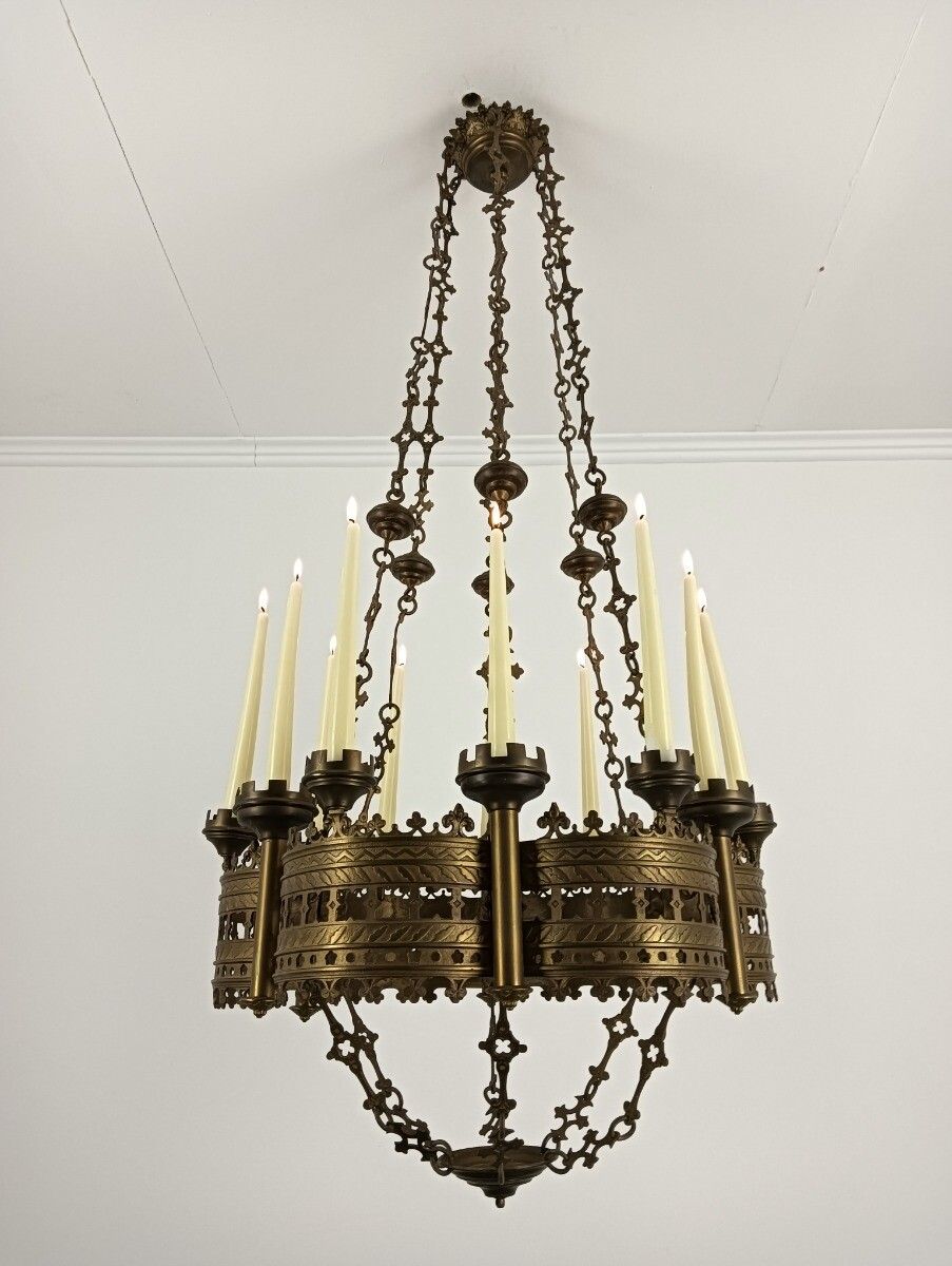 Antique Gothic Chandelier Bronze Xl 19th Century 12 Candles Not Electrified Very photo for sale