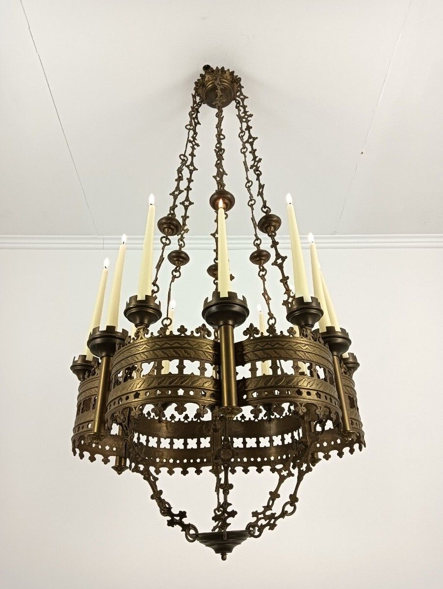 Antique Gothic Chandelier Bronze Xl 19th Century 12 Candles Not Electrified Very photo buy