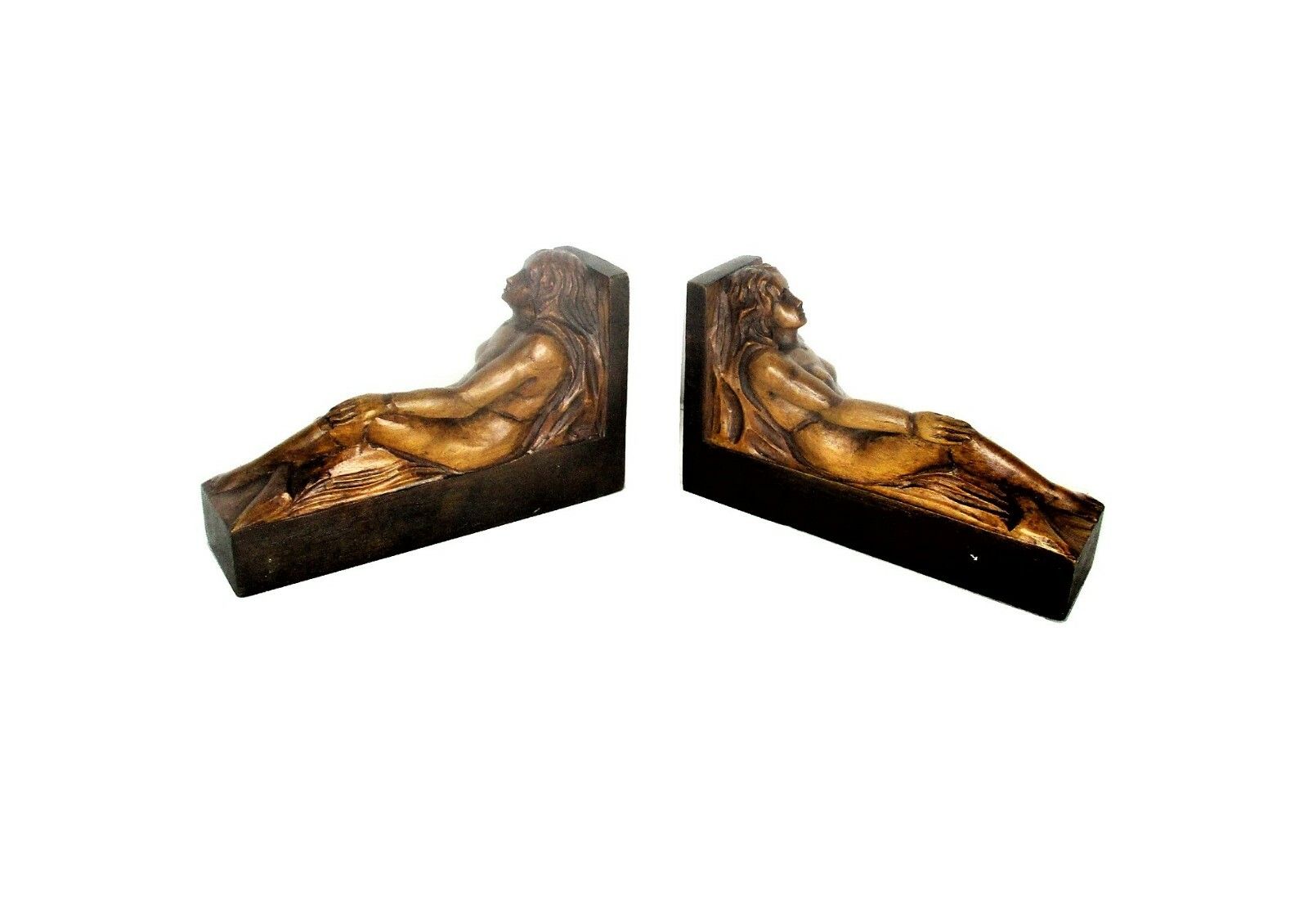 Two Gorgeous Hand Carved Wood Bookends Female Nudes Pieces Of Art photo for sale
