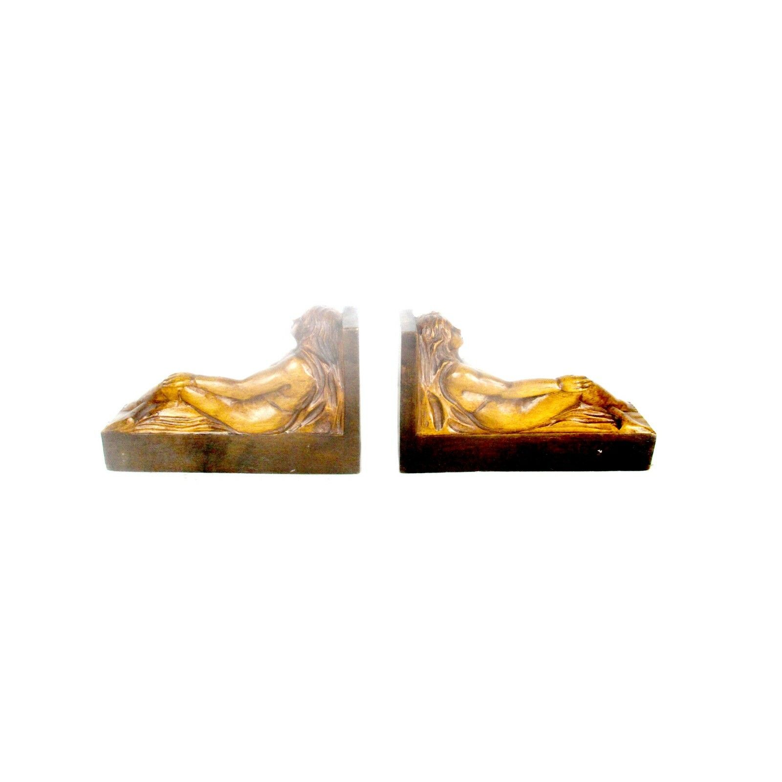 Two Gorgeous Hand Carved Wood Bookends Female Nudes Pieces Of Art photo vinterior