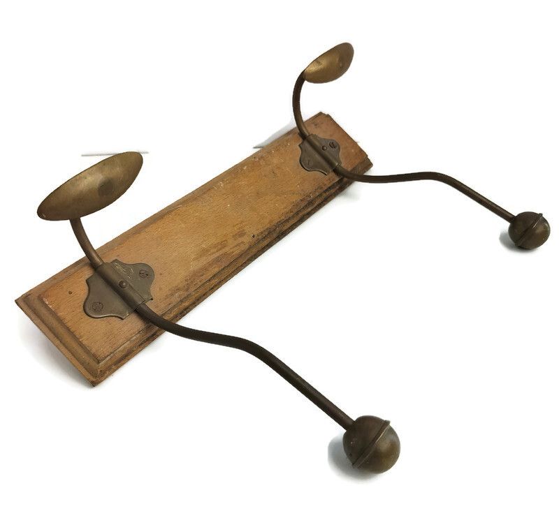 Small Coat Kitchen Bathroom Towel Rack Wood Funky Brass Hooks Modernist