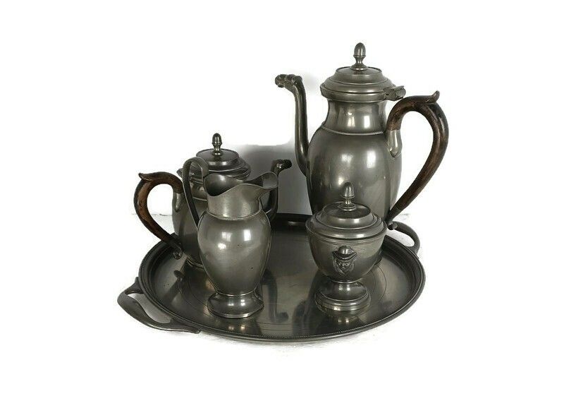 Antique Art Deco Tea Coffee Set Robert Pompe Design Belgium Pewter 5 Pcs Marked