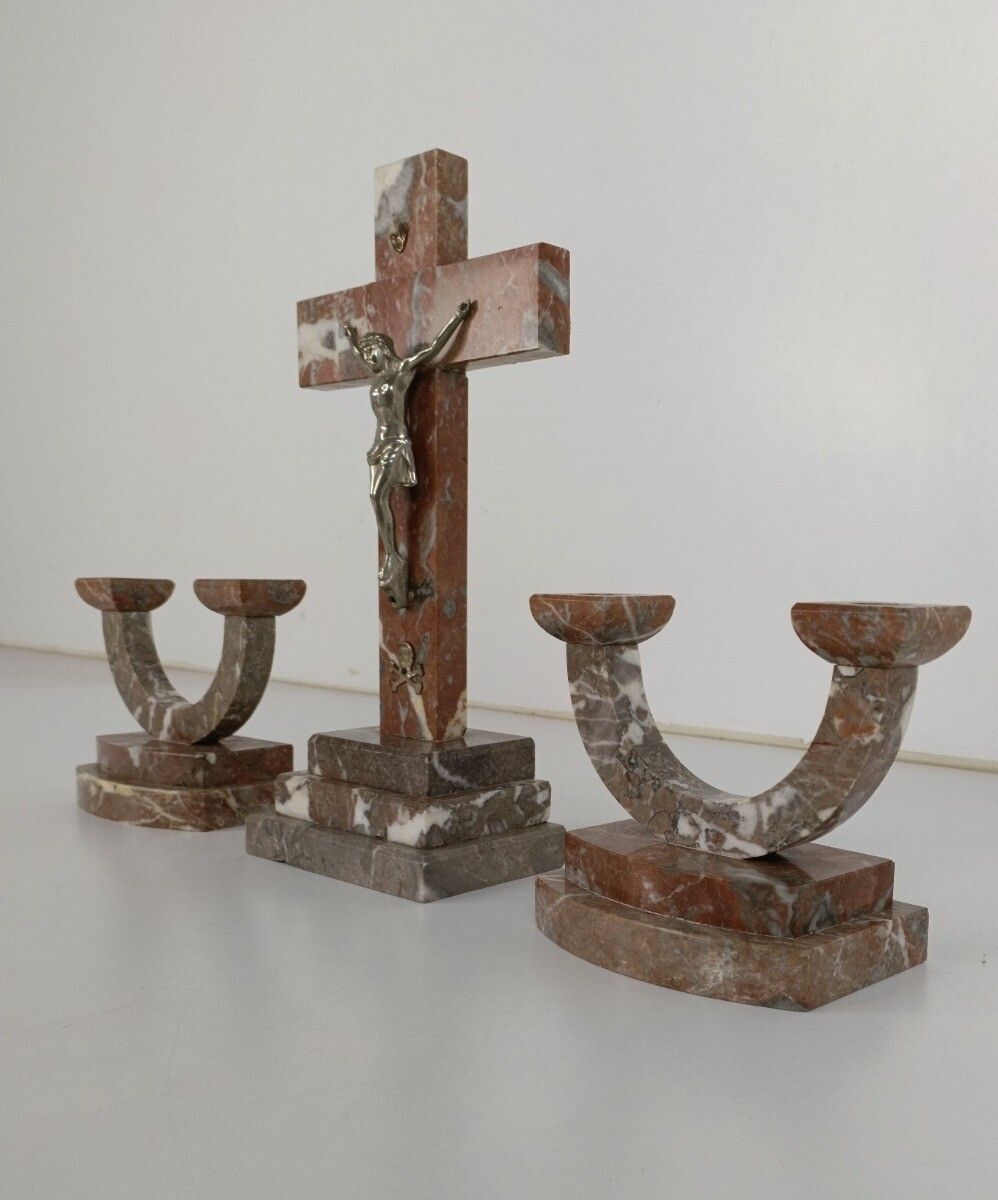 Art Deco Altar Set Standing Crucifx Two Candle Holders Marble Onyx Antique Gorge photo vinterior
