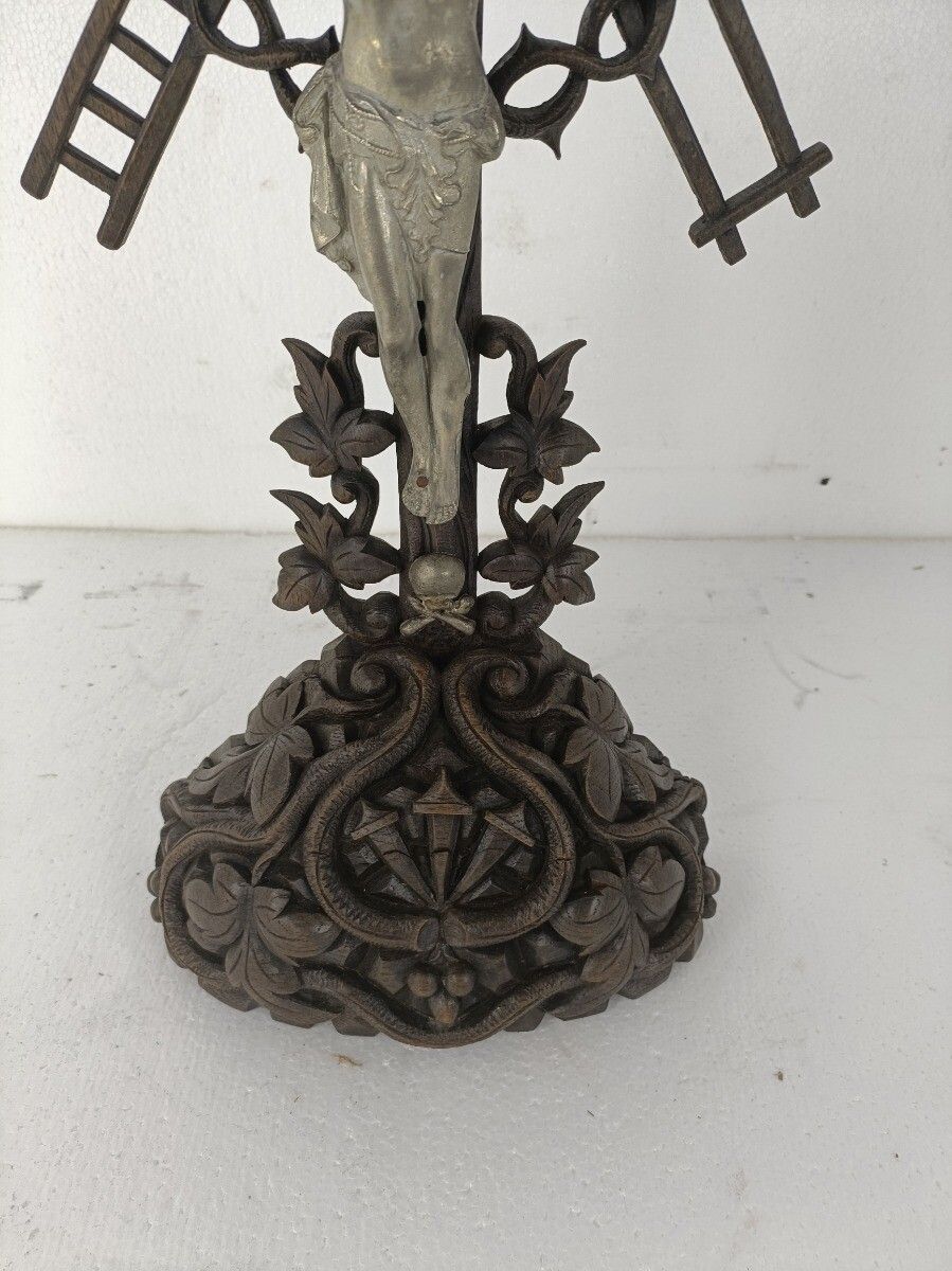 Xl  Standing Hand Carved Wooden Crucifix Tools Of Passion Cross Antique Gorgeous photo for sale