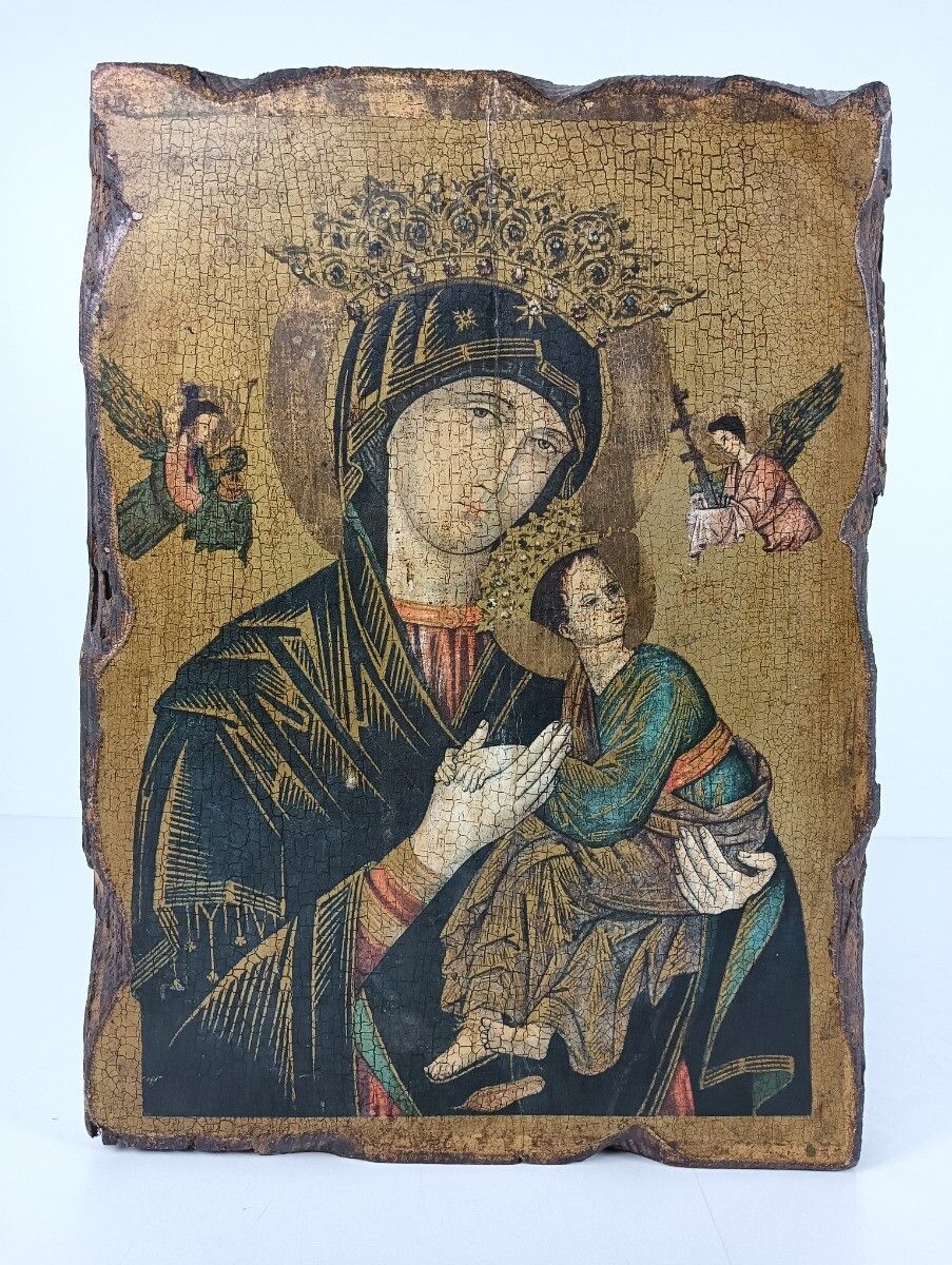 Vintage Wooden Icon  Perpetual Help Print On Wood Infant Child Madonna photo vinterior