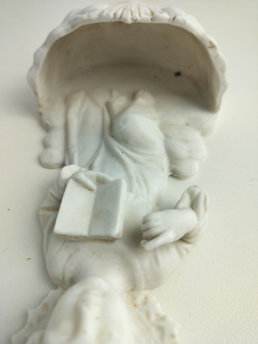 Antique Gorgeous Holy Water Font Bisque Porcelain Wall Hanging Vessel Jesus Chri photo buy