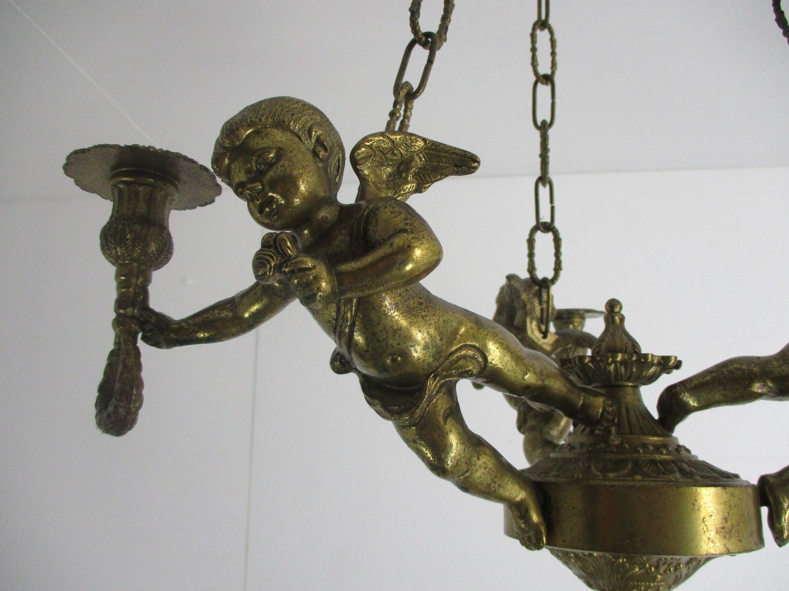 French Bronze Chandelier 3 Lights Arms Putti Cherub Hollywood Regency Romantic photo 742.0
