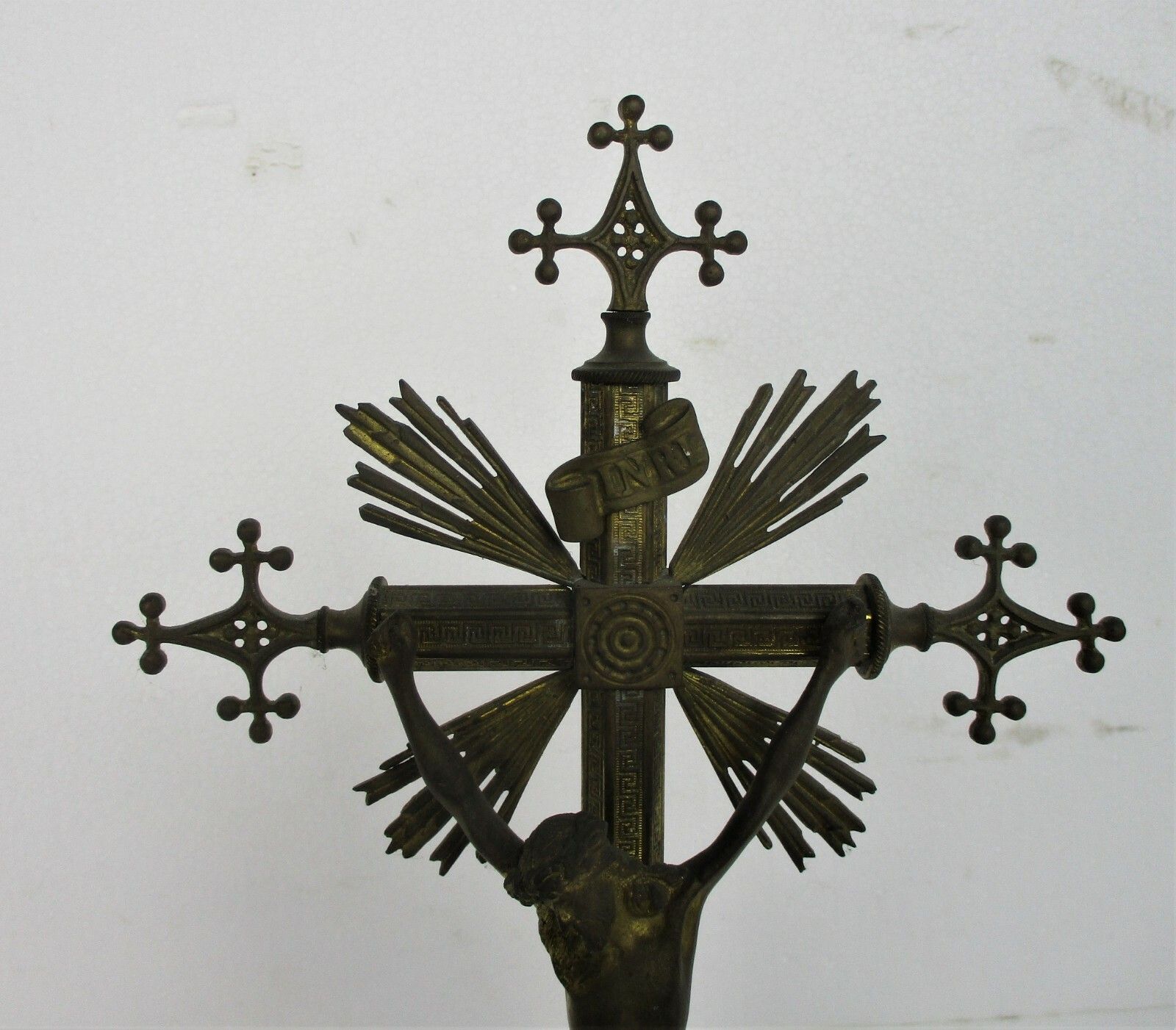 Antique Standing Crucifix Corpus Christi Jesus Christ Calvary Ornate Brass Cross photo for sale