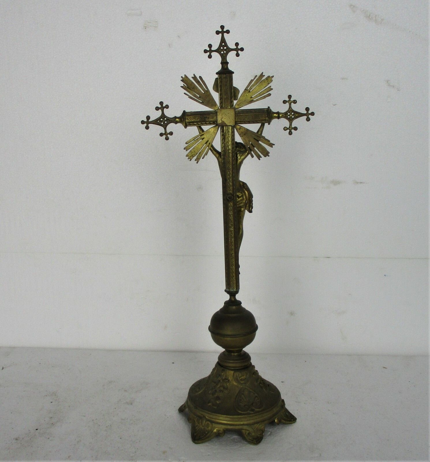 Antique Standing Crucifix Corpus Christi Jesus Christ Calvary Ornate Brass Cross photo vintage