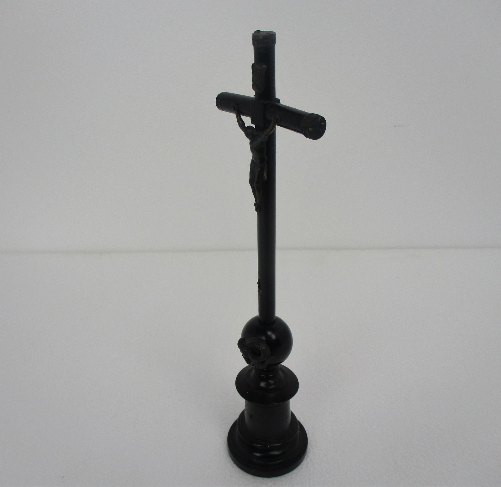 Antique Dark Carved Wood Table Standing Crucifix Round Base Brass Corpus Snake W photo buy