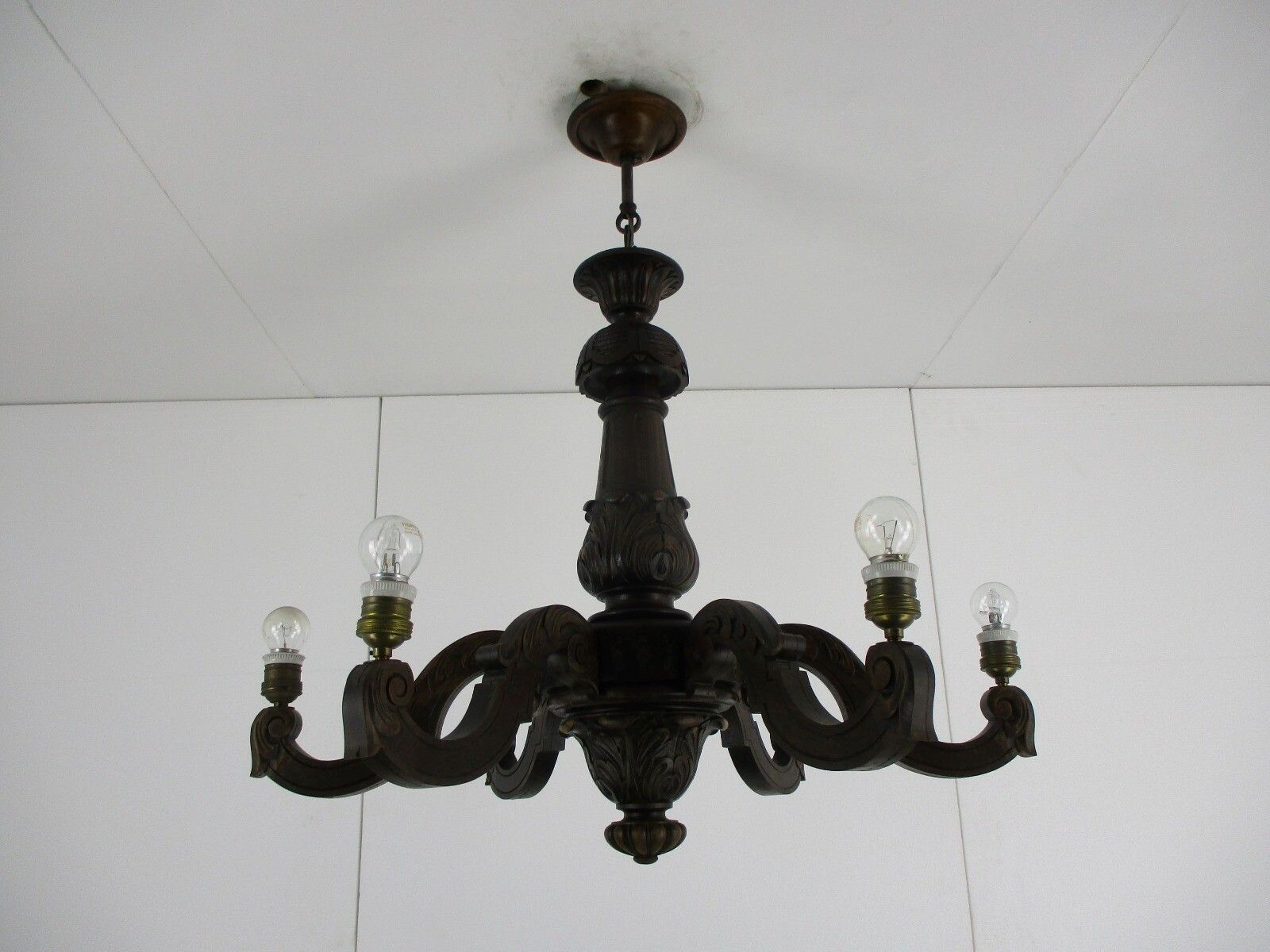 Hand Carved Wooden Chandelier Ornate 6 Arm Lights Mid Century Farmhouse Barn Sty photo Lighting