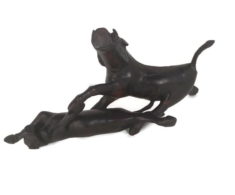 Stunning Sculpture Figurine Black Forest Hand Carved Wood  Wild Boars Vintage