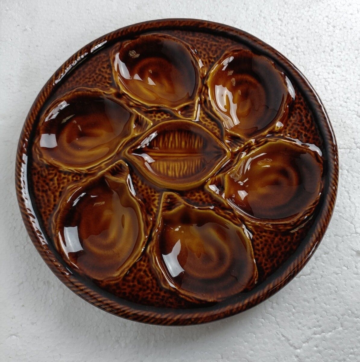 St Clement Set Of 3 French Oyster Plates  Brown Faiance Porcelain  Vintage photo 61.0