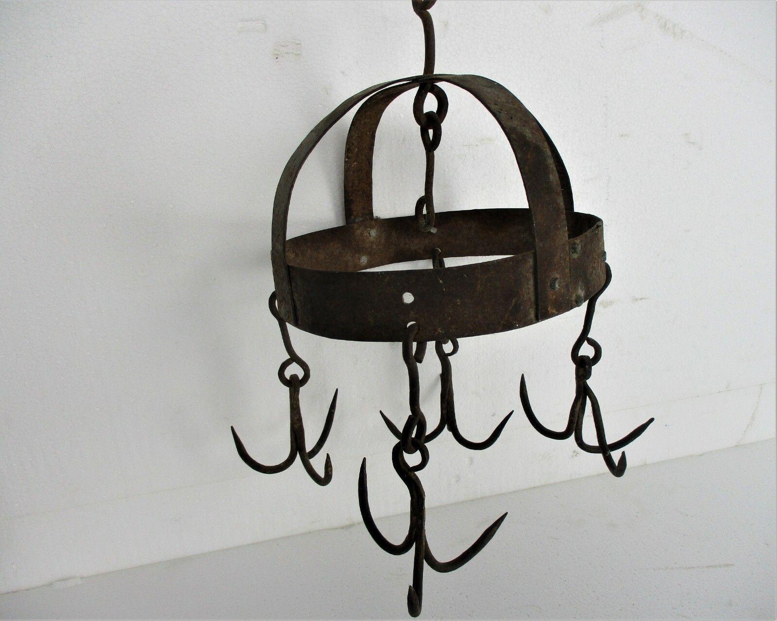 Antique Hanging Butcher Rack Cast Wrought Iron 4 Hooks French 18th C Barn Style photo Furniture