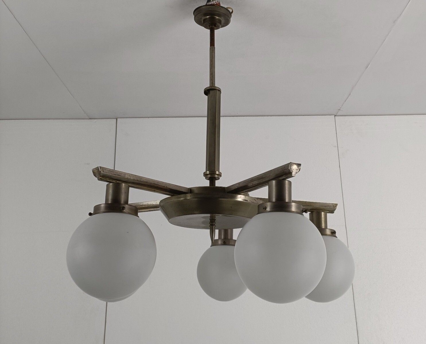 Chandelier Brass Chrome Glass Balls Mid Century Atomic Funky 6 Lights Funky