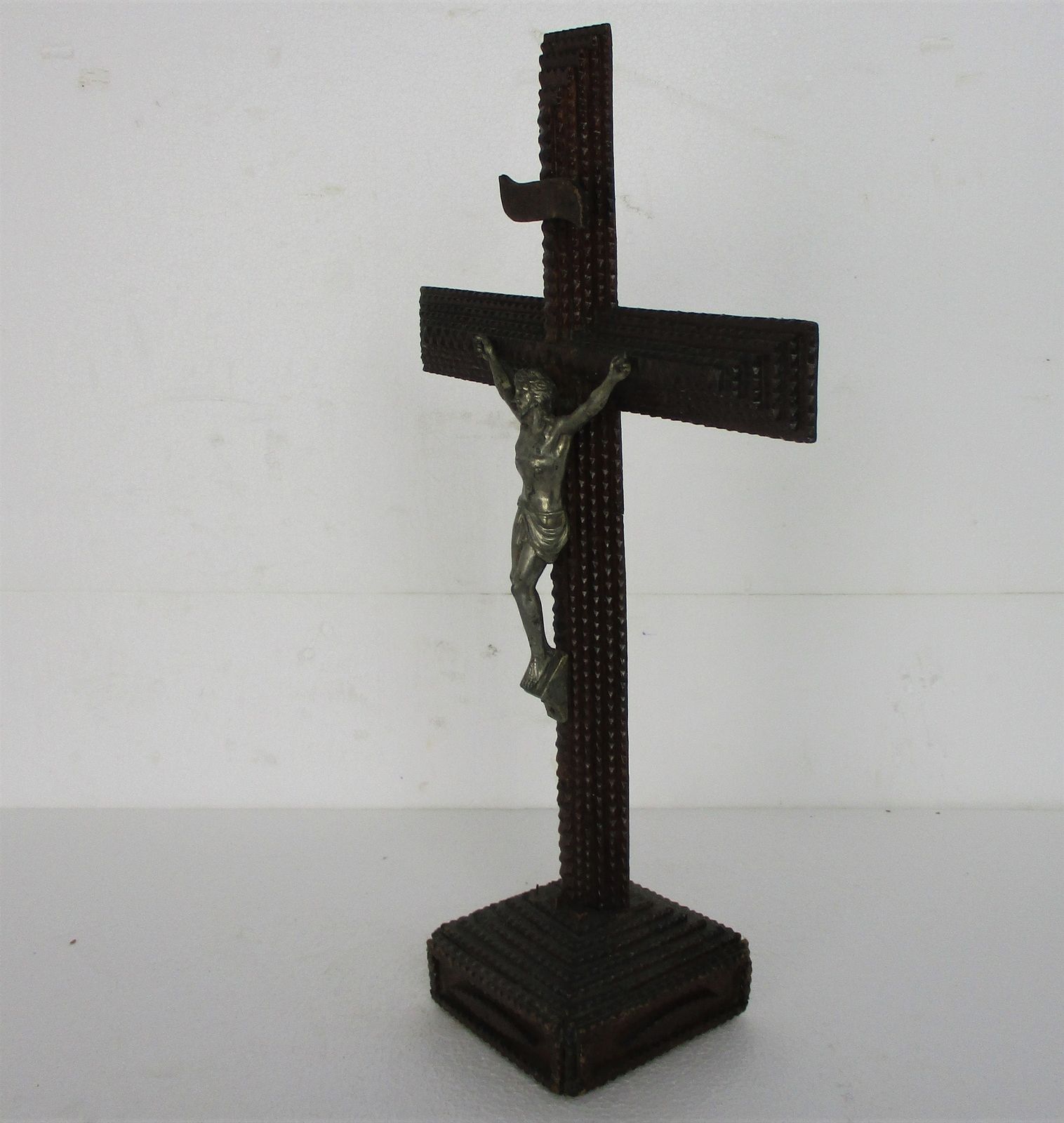 Tramp Trench Tramp Folk Art Standing Hand Carved Wooden Crucifix 19.68" photo vintage