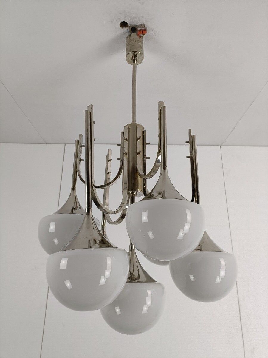 Mid Century Atomic Sputnik Trumpet Chrome Chandelier Opaline Shades Balls  Sciol photo vintage