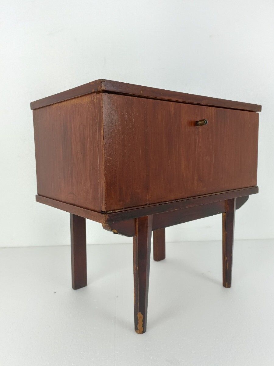 Vintage Retro Modernist Wooden Nightstand Cabinet End Table Funky Iron Legs photo Furniture