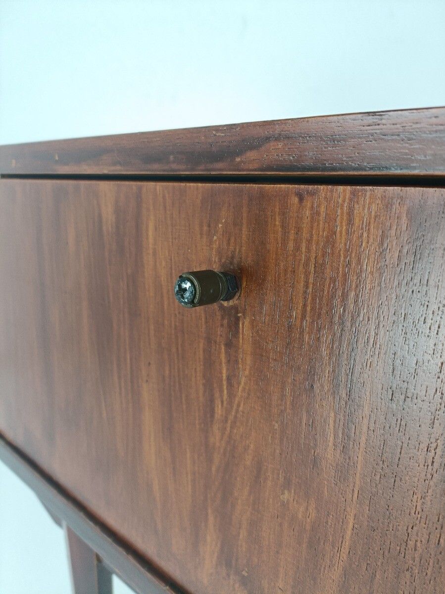 Vintage Retro Modernist Wooden Nightstand Cabinet End Table Funky Iron Legs photo vinterior