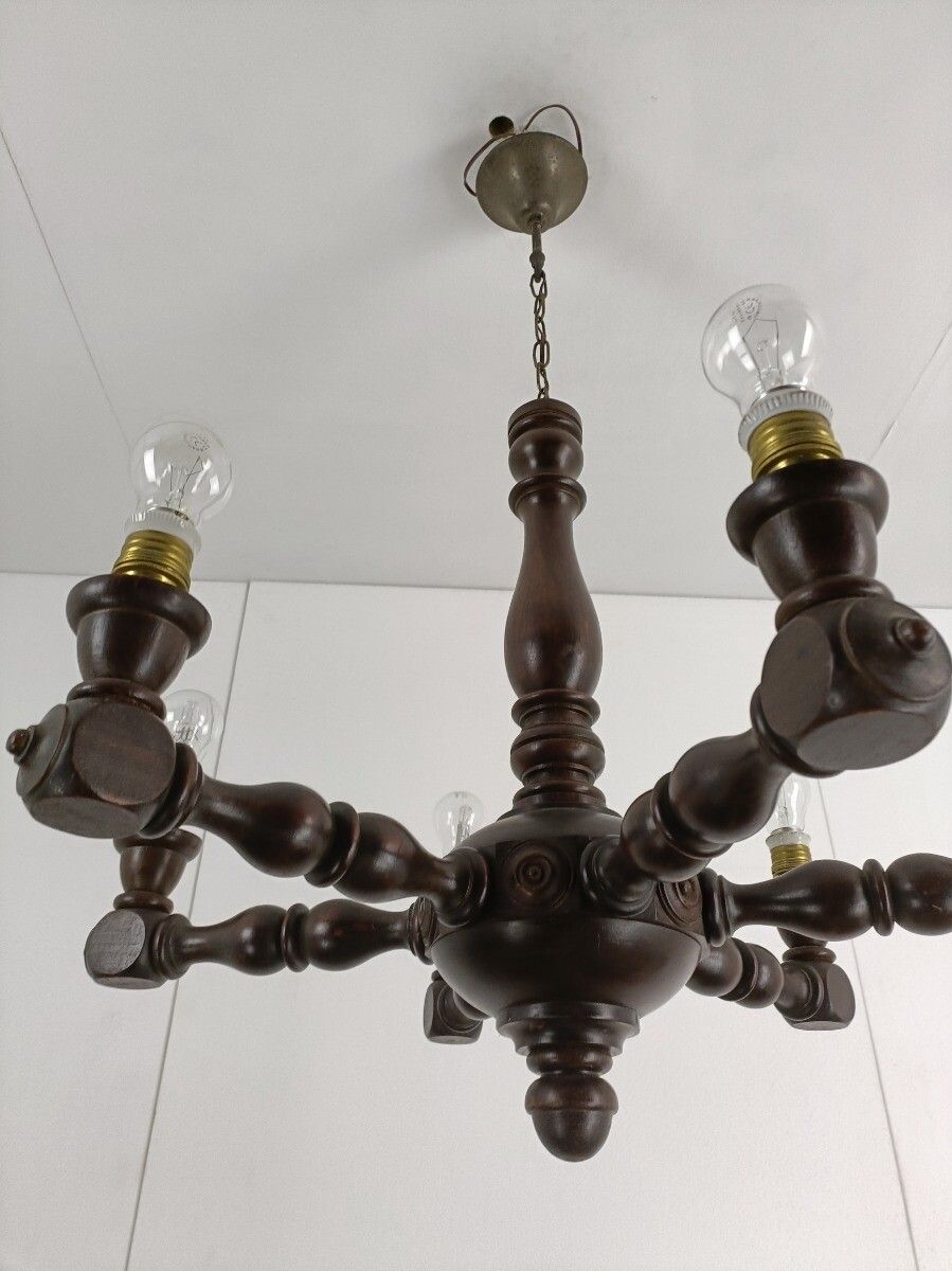Art Deco Style Hand Carved Wooden Chandelier 6 Arm 6 Lights Vintage Barn Farmhou photo vintage