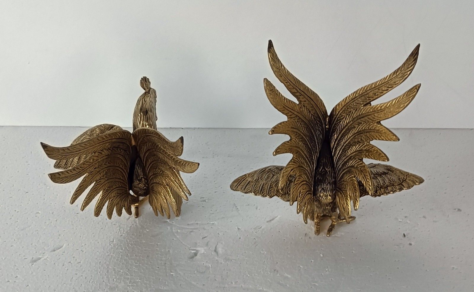 Couple Fighting Rooster Cocks Gold Colored Brass Mid Century Modern Figurines photo vinterior