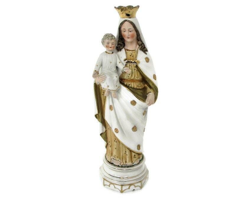 Antique Porcelain Bisque Statue Virgin Mary Our Lady Madonna Infant Jesus  Orang