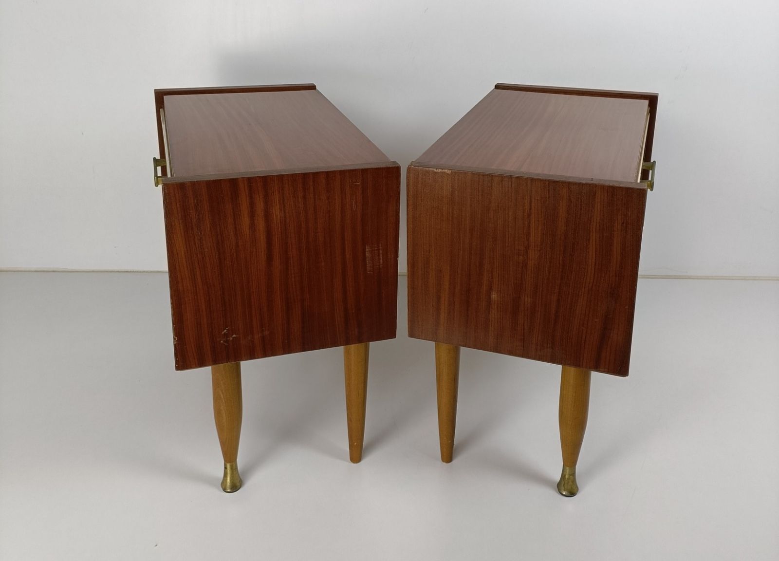 Pair Couple Vintage Teak Nightstands End Tables Mid Century Modern Modernist Two photo vinterior