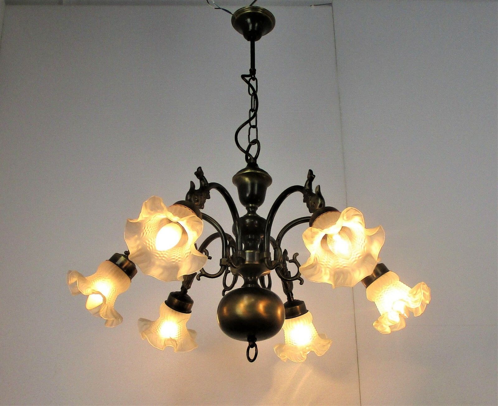 Flemish Dutch Chandelier 6 Arm Lights Brass Fish  Barn Style Tulip Glass Shades photo furniture