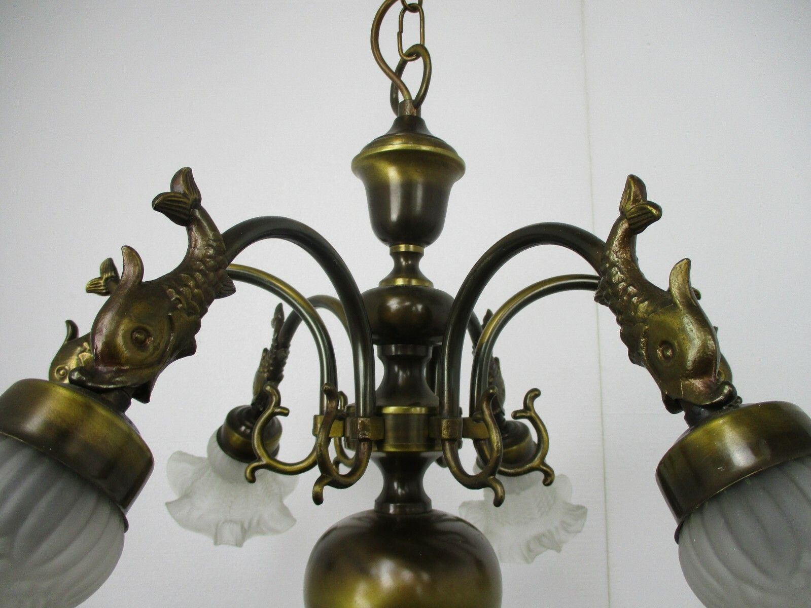 Flemish Dutch Chandelier 6 Arm Lights Brass Fish  Barn Style Tulip Glass Shades photo vinterior