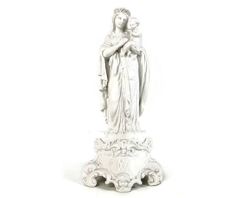 Antique Gorgeous Statue Figurine Bisque Porcelain Virgin Mary Flower Crown Franc