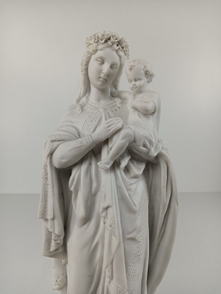 Antique Gorgeous Statue Figurine Bisque Porcelain Virgin Mary Flower Crown Franc photo furniture