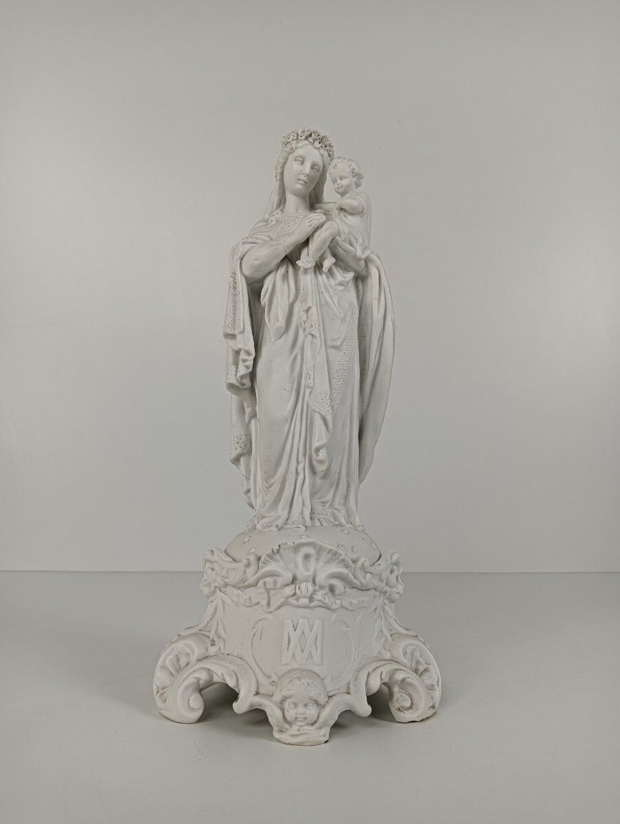Antique Gorgeous Statue Figurine Bisque Porcelain Virgin Mary Flower Crown Franc photo 607.0