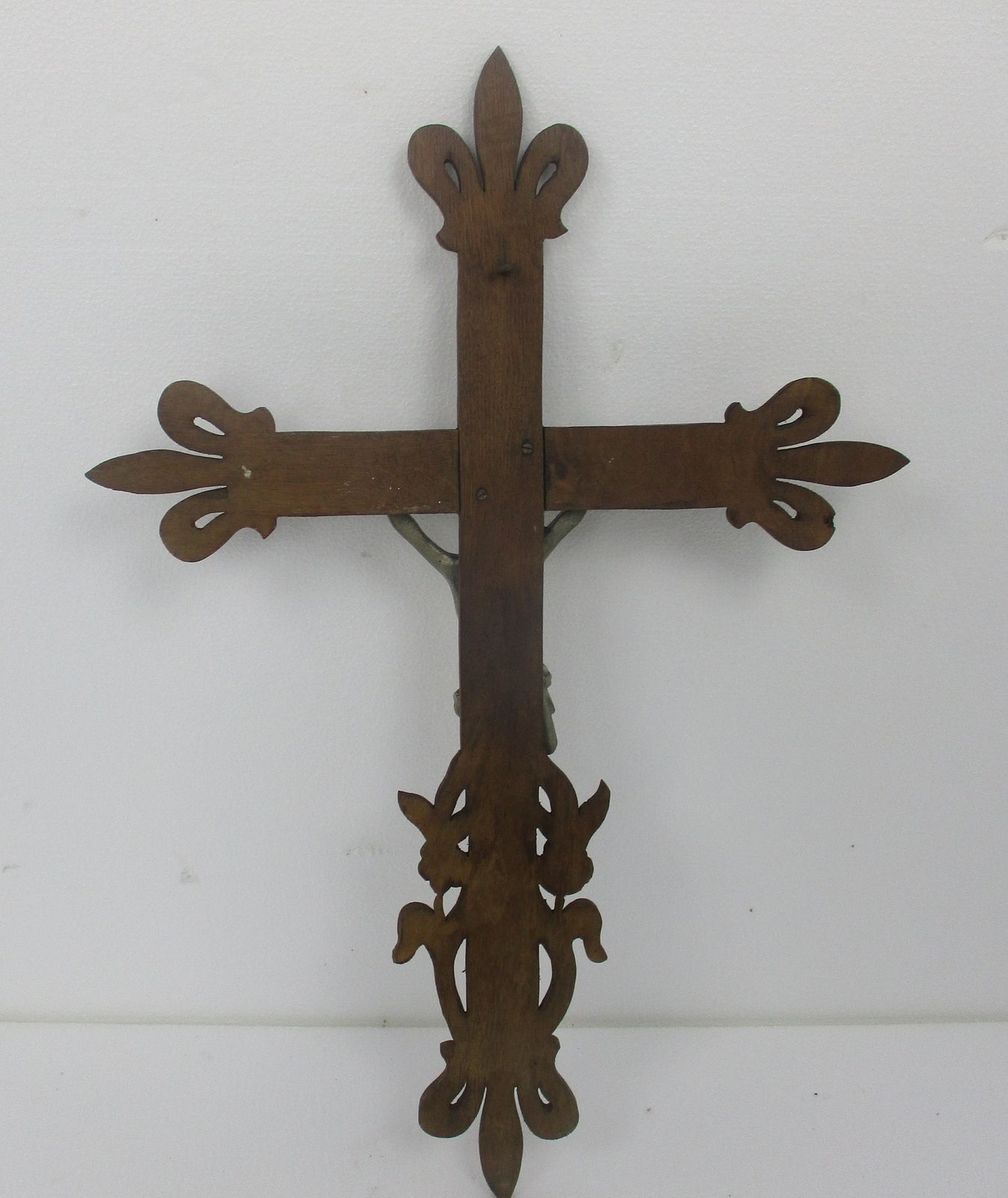 Large Hand Carved Wood French Hanging Ornate Crucifix Jesus Christ Fleur De Lis photo vinterior