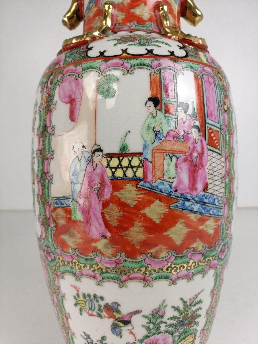 Vintage Chinese Canton Vase Family Rose Foo Dogs Beautiful Scenery 70s photo buy