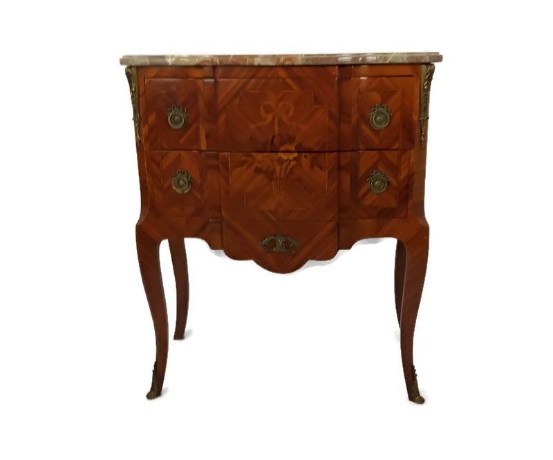 Cabinet Wood Marble Top Inlay Marquetry Brass Trims Commode End Table Vintage Wo