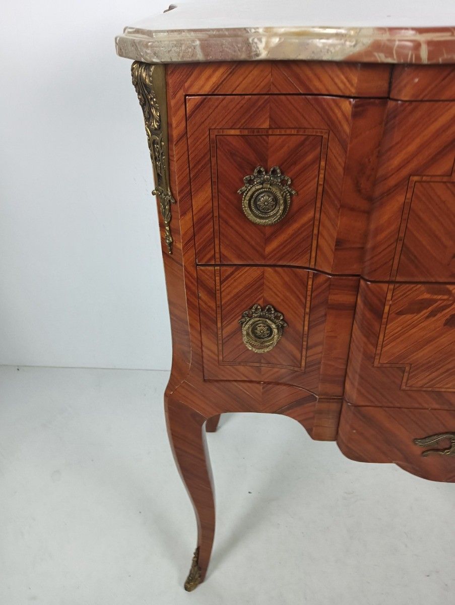 Furniture Cabinet Wood Marble Top Inlay Marquetry Brass Trims Commode End Table Vintage Wo photo