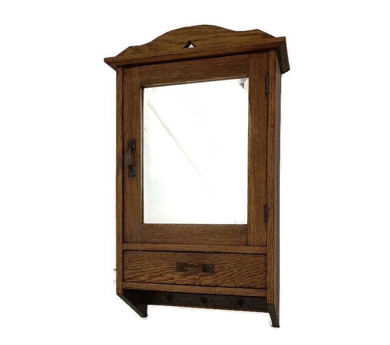 Antique Medicine Apothecary Bathroom Cabinet Beveled Glass Mirror Pediment Towel