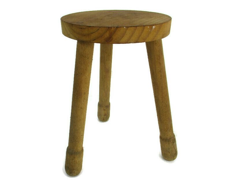 Vintage Hand Carved Wood Tripod Milking Stool Pedestal  Table Pedestal Country