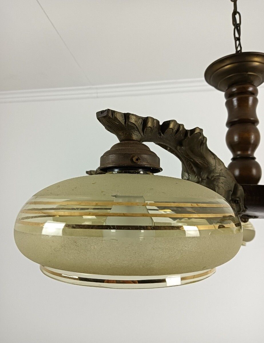 Art Deco Chandelier Fixture Art Glass Ufo Shades Bronze Wood 5 Lights Antique photo vintage