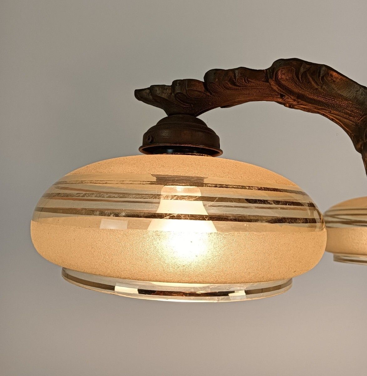 photo furniture Art Deco Chandelier Fixture Art Glass Ufo Shades Bronze Wood 5 Lights Antique