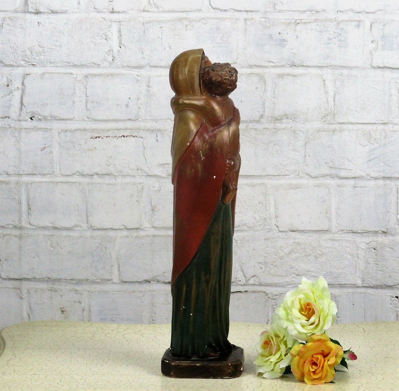 Polychrome Statue Madonna  Holy Mother Virgin Mary Infant Child Tenderness 15.7" photo buy
