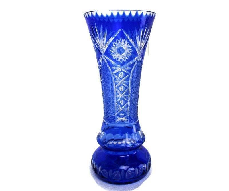 Crystal Cobalt Blue Clear To Cut Bowl Vase Dot Star Beautiful Vsl Style 13.77&Qu
